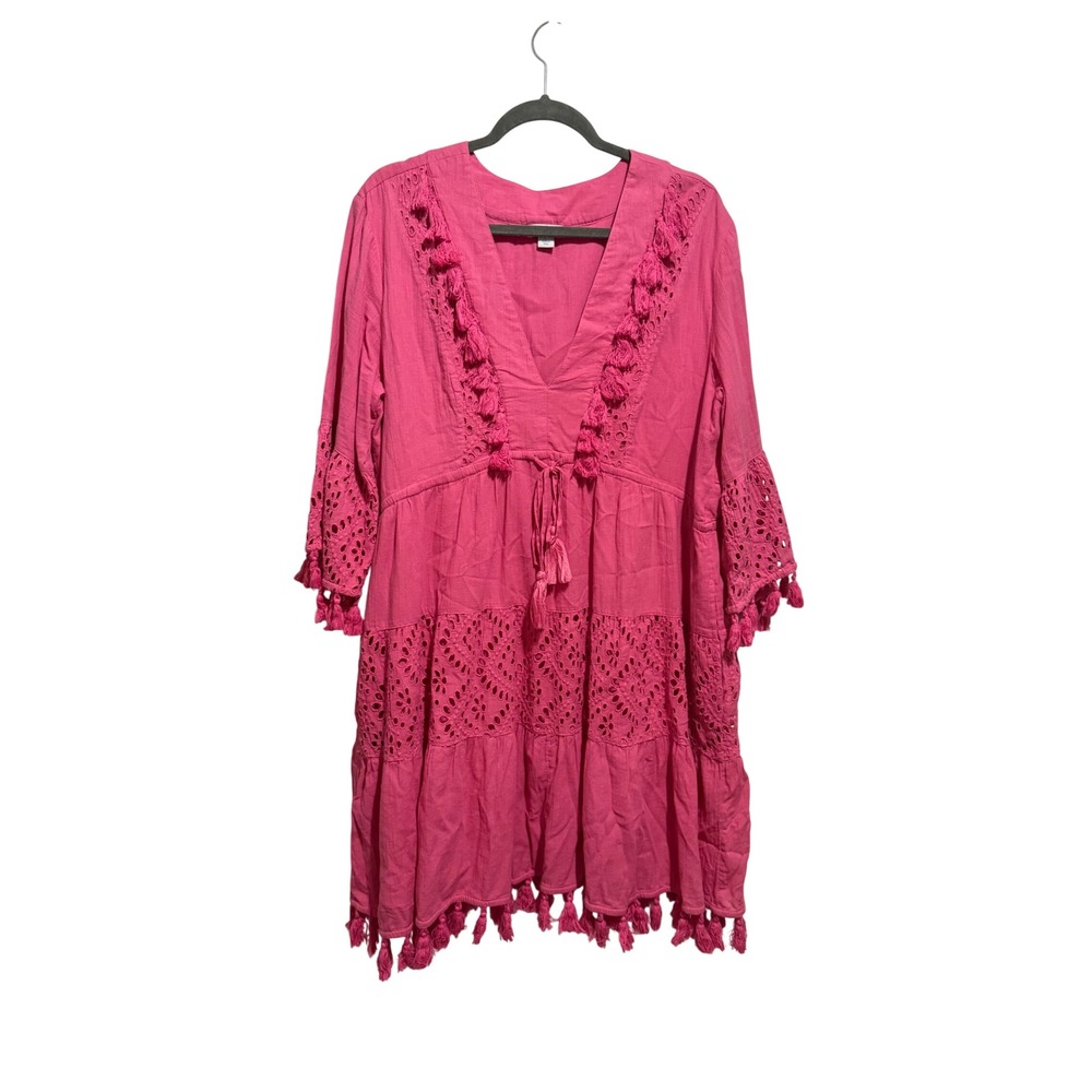 Sundance‎ Dress Women Large Pink Cotton Eyelet Tassel Boho V-Neck Bell Sleeve